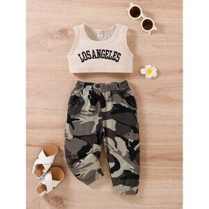NEW SHEIN Baby Letter Embroidered Tank Top &‎ Camo Print Pants Size 18-24M